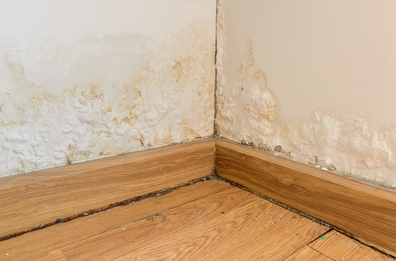 Warped baseboard and wall with water damage after a flood