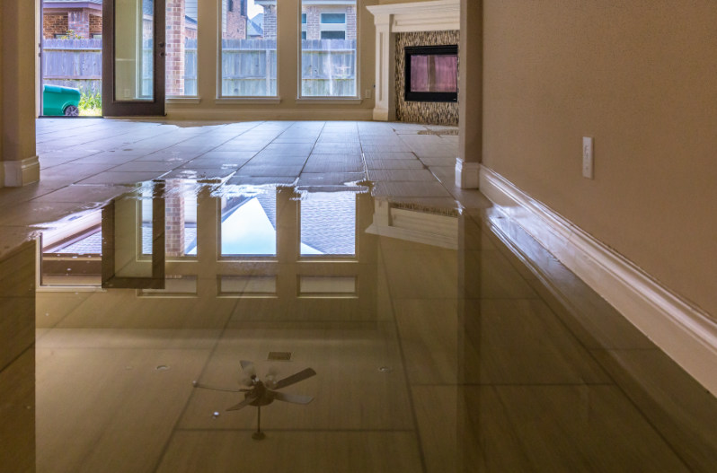 Stagnant water in the living room after severe storm flooding